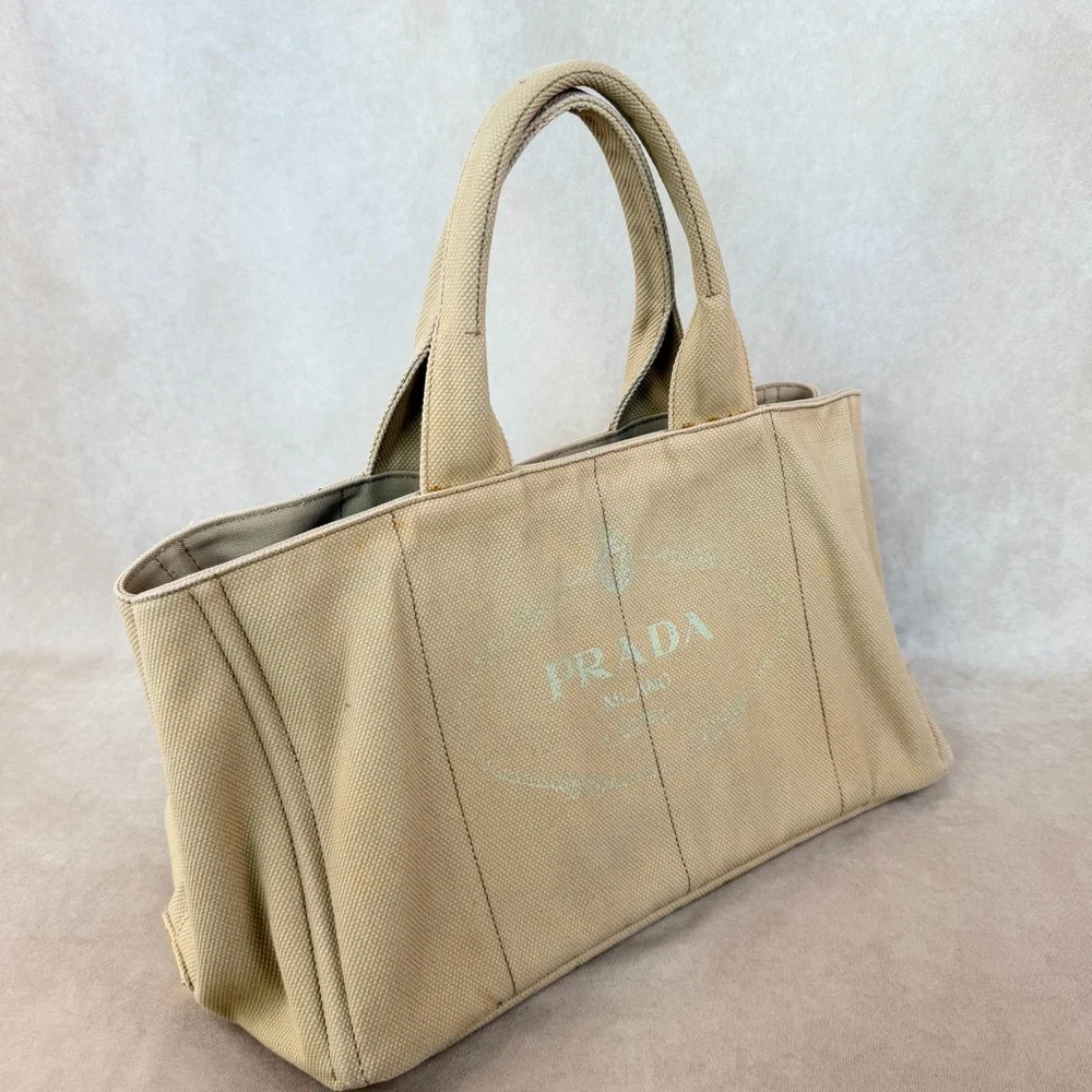 Prada Canapa Large Beige Canvas Tote Bag Gold Hardware